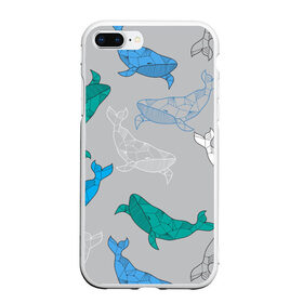 Чехол для iPhone 7Plus/8 Plus матовый с принтом Узор с китами на сером в Петрозаводске, Силикон | Область печати: задняя сторона чехла, без боковых панелей | Тематика изображения на принте: графика | кит | морской | рыба | серый | синий | узор
