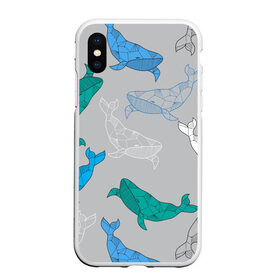 Чехол для iPhone XS Max матовый с принтом Узор с китами на сером в Петрозаводске, Силикон | Область печати: задняя сторона чехла, без боковых панелей | графика | кит | морской | рыба | серый | синий | узор