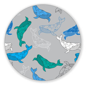 Коврик для мышки круглый с принтом Узор с китами на сером в Петрозаводске, резина и полиэстер | круглая форма, изображение наносится на всю лицевую часть | Тематика изображения на принте: графика | кит | морской | рыба | серый | синий | узор
