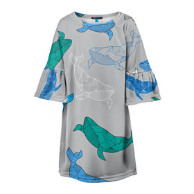 Детское платье 3D с принтом Узор с китами на сером в Петрозаводске, 100% полиэстер | прямой силуэт, чуть расширенный к низу. Круглая горловина, на рукавах — воланы | Тематика изображения на принте: графика | кит | морской | рыба | серый | синий | узор