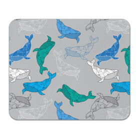 Коврик для мышки прямоугольный с принтом Узор с китами на сером в Петрозаводске, натуральный каучук | размер 230 х 185 мм; запечатка лицевой стороны | Тематика изображения на принте: графика | кит | морской | рыба | серый | синий | узор