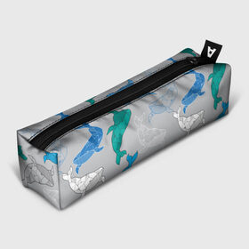 Пенал 3D с принтом Узор с китами на сером в Петрозаводске, 100% полиэстер | плотная ткань, застежка на молнии | Тематика изображения на принте: графика | кит | морской | рыба | серый | синий | узор