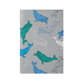 Обложка для паспорта матовая кожа с принтом Узор с китами на сером в Петрозаводске, натуральная матовая кожа | размер 19,3 х 13,7 см; прозрачные пластиковые крепления | графика | кит | морской | рыба | серый | синий | узор