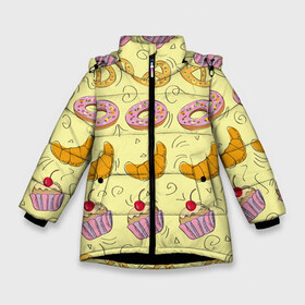 Зимняя куртка для девочек 3D с принтом Сладости в ряд в Петрозаводске, ткань верха — 100% полиэстер; подклад — 100% полиэстер, утеплитель — 100% полиэстер. | длина ниже бедра, удлиненная спинка, воротник стойка и отстегивающийся капюшон. Есть боковые карманы с листочкой на кнопках, утяжки по низу изделия и внутренний карман на молнии. 

Предусмотрены светоотражающий принт на спинке, радужный светоотражающий элемент на пуллере молнии и на резинке для утяжки. | готовить | донат | еда | желтый | капкейк | кондитер | паттерн | пирожное | повар | подарок | сладкое | узор