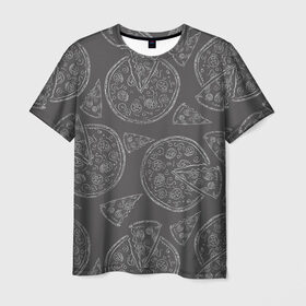 Мужская футболка 3D с принтом Черно-белая пицца в Петрозаводске, 100% полиэфир | прямой крой, круглый вырез горловины, длина до линии бедер | доска | еда | кусок | мел | пицца | фастфуд | черно белая пицца