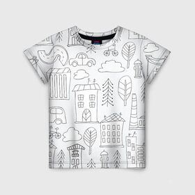 Детская футболка 3D с принтом Нарисованный город в Петрозаводске, 100% гипоаллергенный полиэфир | прямой крой, круглый вырез горловины, длина до линии бедер, чуть спущенное плечо, ткань немного тянется | белый | город | городской | дудлинг | нарисованный | серый | узор