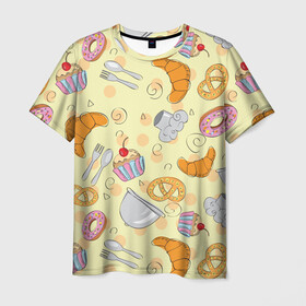 Мужская футболка 3D с принтом Кондитерский узор в Петрозаводске, 100% полиэфир | прямой крой, круглый вырез горловины, длина до линии бедер | выпечка | готовить | готовка | еда | желтый | кондитер | крендель | круассан | паттерн | сладости | узор