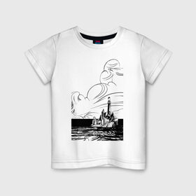 Детская футболка хлопок с принтом Муми-тролль в Петрозаводске, 100% хлопок | круглый вырез горловины, полуприлегающий силуэт, длина до линии бедер | Тематика изображения на принте: маяк | море | муми тролль | скалы