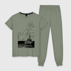 Женская пижама хлопок с принтом Муми-тролль в Петрозаводске, 100% хлопок | брюки и футболка прямого кроя, без карманов, на брюках мягкая резинка на поясе и по низу штанин | маяк | море | муми тролль | скалы