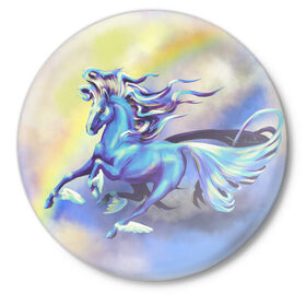 Значок с принтом Ветер в облаках в Петрозаводске,  металл | круглая форма, металлическая застежка в виде булавки | flying | horse | rainbow | крылья | лошадь | облака | полет