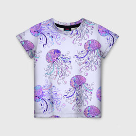 Детская футболка 3D с принтом Узор Медуза в Петрозаводске, 100% гипоаллергенный полиэфир | прямой крой, круглый вырез горловины, длина до линии бедер, чуть спущенное плечо, ткань немного тянется | завитушки | медуза | море | морской | паттерн | розовый | узор | фиолетовый