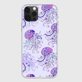 Чехол для iPhone 12 Pro с принтом Узор Медуза в Петрозаводске, силикон | область печати: задняя сторона чехла, без боковых панелей | Тематика изображения на принте: завитушки | медуза | море | морской | паттерн | розовый | узор | фиолетовый
