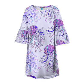 Детское платье 3D с принтом Узор Медуза в Петрозаводске, 100% полиэстер | прямой силуэт, чуть расширенный к низу. Круглая горловина, на рукавах — воланы | Тематика изображения на принте: завитушки | медуза | море | морской | паттерн | розовый | узор | фиолетовый