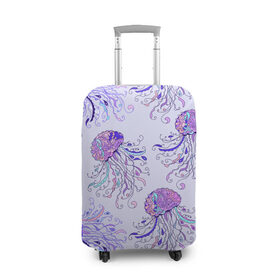 Чехол для чемодана 3D с принтом Узор Медуза в Петрозаводске, 86% полиэфир, 14% спандекс | двустороннее нанесение принта, прорези для ручек и колес | Тематика изображения на принте: завитушки | медуза | море | морской | паттерн | розовый | узор | фиолетовый