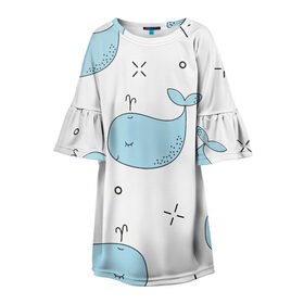 Детское платье 3D с принтом Маленькие киты в Петрозаводске, 100% полиэстер | прямой силуэт, чуть расширенный к низу. Круглая горловина, на рукавах — воланы | детский | кит | маленький | море | морской | прикольный | рисунок | рыбы | скетч