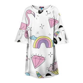 Детское платье 3D с принтом Кавайный розовый узор в Петрозаводске, 100% полиэстер | прямой силуэт, чуть расширенный к низу. Круглая горловина, на рукавах — воланы | Тематика изображения на принте: бриллиант | детский | кавайный | капкейк | панда | паттерн | радуга | розовый | узор | фламинго