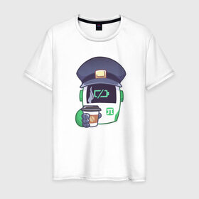 Мужская футболка хлопок с принтом Робот Полли в Петрозаводске, 100% хлопок | прямой крой, круглый вырез горловины, длина до линии бедер, слегка спущенное плечо. | coffee | cup | robot | tired