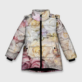 Зимняя куртка для девочек 3D с принтом Нежные Цветы в Петрозаводске, ткань верха — 100% полиэстер; подклад — 100% полиэстер, утеплитель — 100% полиэстер. | длина ниже бедра, удлиненная спинка, воротник стойка и отстегивающийся капюшон. Есть боковые карманы с листочкой на кнопках, утяжки по низу изделия и внутренний карман на молнии. 

Предусмотрены светоотражающий принт на спинке, радужный светоотражающий элемент на пуллере молнии и на резинке для утяжки. | белый | розовый | розы | сирень | цветок