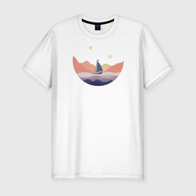 Мужская футболка хлопок Slim с принтом Яхта в океане в Петрозаводске, 92% хлопок, 8% лайкра | приталенный силуэт, круглый вырез ворота, длина до линии бедра, короткий рукав | лодка | море | океан | путешествия | яхта | яхтинг