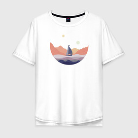 Мужская футболка хлопок Oversize с принтом Яхта в океане в Петрозаводске, 100% хлопок | свободный крой, круглый ворот, “спинка” длиннее передней части | лодка | море | океан | путешествия | яхта | яхтинг