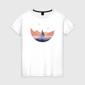 Женская футболка хлопок с принтом Яхта в океане в Петрозаводске, 100% хлопок | прямой крой, круглый вырез горловины, длина до линии бедер, слегка спущенное плечо | лодка | море | океан | путешествия | яхта | яхтинг