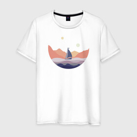 Мужская футболка хлопок с принтом Яхта в океане в Петрозаводске, 100% хлопок | прямой крой, круглый вырез горловины, длина до линии бедер, слегка спущенное плечо. | лодка | море | океан | путешествия | яхта | яхтинг