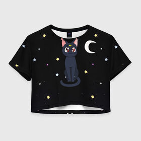 Женская футболка Crop-top 3D с принтом Луна в Петрозаводске, 100% полиэстер | круглая горловина, длина футболки до линии талии, рукава с отворотами | sailor moon. кот луна | кот | кошка | луна | сейлор мун | сейлормун