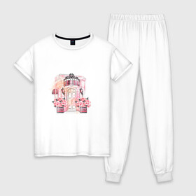 Женская пижама хлопок с принтом Париж в Петрозаводске, 100% хлопок | брюки и футболка прямого кроя, без карманов, на брюках мягкая резинка на поясе и по низу штанин | красота | любовь | милота | париж | розовый
