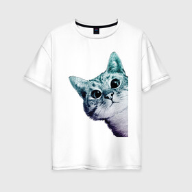 Женская футболка хлопок Oversize с принтом Любопытный кот в Петрозаводске, 100% хлопок | свободный крой, круглый ворот, спущенный рукав, длина до линии бедер
 | cat | домашние животные | животные | звери | кат | кот | котенок | коты | кошка