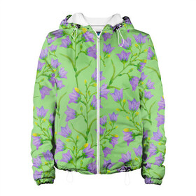 Женская куртка 3D с принтом Колокольчики на зеленом фоне в Петрозаводске, ткань верха — 100% полиэстер, подклад — флис | прямой крой, подол и капюшон оформлены резинкой с фиксаторами, два кармана без застежек по бокам, один большой потайной карман на груди. Карман на груди застегивается на липучку | 8 марта | flowers | summer | зеленый | колокольчики | лето | праздник | природа | растения | фиолетовый | цветы
