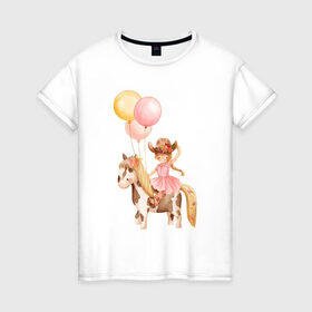 Женская футболка хлопок с принтом Девочка-ковбой в Петрозаводске, 100% хлопок | прямой крой, круглый вырез горловины, длина до линии бедер, слегка спущенное плечо | девочка | день рождения | ковбой | конь | лошадь | няшность | шарики