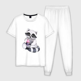 Мужская пижама хлопок с принтом Енотик в Петрозаводске, 100% хлопок | брюки и футболка прямого кроя, без карманов, на брюках мягкая резинка на поясе и по низу штанин
 | енот | енотик | животные | милота | милые иллюстрации | парные футболки
