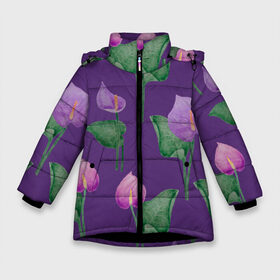 Зимняя куртка для девочек 3D с принтом Антуриумы на фиолетовом фоне в Петрозаводске, ткань верха — 100% полиэстер; подклад — 100% полиэстер, утеплитель — 100% полиэстер. | длина ниже бедра, удлиненная спинка, воротник стойка и отстегивающийся капюшон. Есть боковые карманы с листочкой на кнопках, утяжки по низу изделия и внутренний карман на молнии. 

Предусмотрены светоотражающий принт на спинке, радужный светоотражающий элемент на пуллере молнии и на резинке для утяжки. | 8 марта | flowers | summer | антуриумы | весна | зеленый | лето | листья | праздник | природа | растения | фиолетовый | цветы