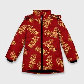 Зимняя куртка для девочек 3D с принтом Золотые веточки на красном в Петрозаводске, ткань верха — 100% полиэстер; подклад — 100% полиэстер, утеплитель — 100% полиэстер. | длина ниже бедра, удлиненная спинка, воротник стойка и отстегивающийся капюшон. Есть боковые карманы с листочкой на кнопках, утяжки по низу изделия и внутренний карман на молнии. 

Предусмотрены светоотражающий принт на спинке, радужный светоотражающий элемент на пуллере молнии и на резинке для утяжки. | 8 марта | flowers | summer | весна | веточки | золотой | лето | праздник | природа | растения | узор
