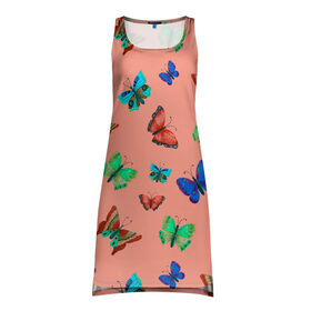 Платье-майка 3D с принтом Бабочки на персиковом фоне в Петрозаводске, 100% полиэстер | полуприлегающий силуэт, широкие бретели, круглый вырез горловины, удлиненный подол сзади. | 8 марта | butterflies | summer | бабочки | весна | зеленый | красный | лето | насекомые | праздник | природа | синий