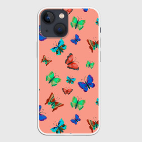 Чехол для iPhone 13 mini с принтом Бабочки на персиковом фоне в Петрозаводске,  |  | 8 марта | butterflies | summer | бабочки | весна | зеленый | красный | лето | насекомые | праздник | природа | синий