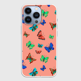 Чехол для iPhone 13 Pro с принтом Бабочки на персиковом фоне в Петрозаводске,  |  | 8 марта | butterflies | summer | бабочки | весна | зеленый | красный | лето | насекомые | праздник | природа | синий