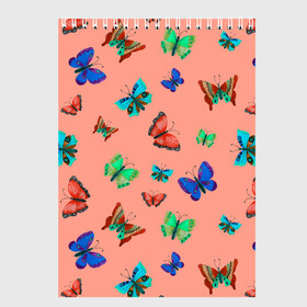 Скетчбук с принтом Бабочки на персиковом фоне в Петрозаводске, 100% бумага
 | 48 листов, плотность листов — 100 г/м2, плотность картонной обложки — 250 г/м2. Листы скреплены сверху удобной пружинной спиралью | 8 марта | butterflies | summer | бабочки | весна | зеленый | красный | лето | насекомые | праздник | природа | синий