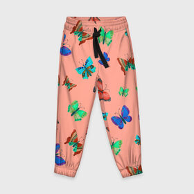 Детские брюки 3D с принтом Бабочки на персиковом фоне в Петрозаводске, 100% полиэстер | манжеты по низу, эластичный пояс регулируется шнурком, по бокам два кармана без застежек, внутренняя часть кармана из мелкой сетки | Тематика изображения на принте: 8 марта | butterflies | summer | бабочки | весна | зеленый | красный | лето | насекомые | праздник | природа | синий