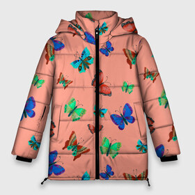 Женская зимняя куртка 3D с принтом Бабочки на персиковом фоне в Петрозаводске, верх — 100% полиэстер; подкладка — 100% полиэстер; утеплитель — 100% полиэстер | длина ниже бедра, силуэт Оверсайз. Есть воротник-стойка, отстегивающийся капюшон и ветрозащитная планка. 

Боковые карманы с листочкой на кнопках и внутренний карман на молнии | Тематика изображения на принте: 8 марта | butterflies | summer | бабочки | весна | зеленый | красный | лето | насекомые | праздник | природа | синий