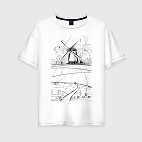 Женская футболка хлопок Oversize с принтом Мельница в Петрозаводске, 100% хлопок | свободный крой, круглый ворот, спущенный рукав, длина до линии бедер
 | долина | кот | мельница | поля | тропинка