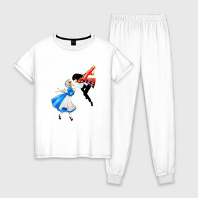 Женская пижама хлопок с принтом Howl and Sophie в Петрозаводске, 100% хлопок | брюки и футболка прямого кроя, без карманов, на брюках мягкая резинка на поясе и по низу штанин | 