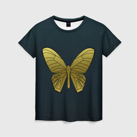 Женская футболка 3D с принтом Butterfly в Петрозаводске, 100% полиэфир ( синтетическое хлопкоподобное полотно) | прямой крой, круглый вырез горловины, длина до линии бедер | бабочка | геомеирический | золотой | темный фон