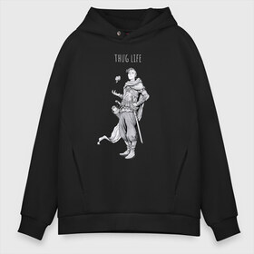 Мужское худи Oversize хлопок с принтом Thug life black в Петрозаводске, френч-терри — 70% хлопок, 30% полиэстер. Мягкий теплый начес внутри —100% хлопок | боковые карманы, эластичные манжеты и нижняя кромка, капюшон на магнитной кнопке | adventurer | fantasy | medival | thief | thug | вор | головорез | приключенец | средневековье | фэнтэзи