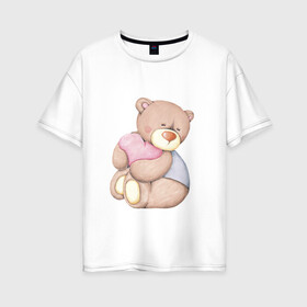 Женская футболка хлопок Oversize с принтом Мишка с сердечком в Петрозаводске, 100% хлопок | свободный крой, круглый ворот, спущенный рукав, длина до линии бедер
 | акварель | карандашом | косолапый | медведь | сердечки