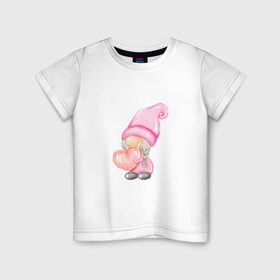 Детская футболка хлопок с принтом Гномик-девочка в Петрозаводске, 100% хлопок | круглый вырез горловины, полуприлегающий силуэт, длина до линии бедер | Тематика изображения на принте: влюбленные | гномик | день валентина | парные | парочки | розовый | сердечко | шарик