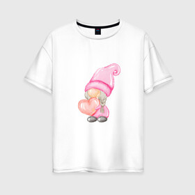 Женская футболка хлопок Oversize с принтом Гномик-девочка в Петрозаводске, 100% хлопок | свободный крой, круглый ворот, спущенный рукав, длина до линии бедер
 | влюбленные | гномик | день валентина | парные | парочки | розовый | сердечко | шарик