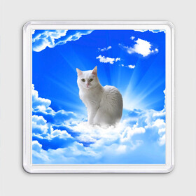 Магнит 55*55 с принтом Кот в облаках в Петрозаводске, Пластик | Размер: 65*65 мм; Размер печати: 55*55 мм | animals | cat | kitty | ангел | белый кот | блики | взгляд кота | глаза кота | животные | киска | кот | котейка | котенок | котик | кошак | кошка | лучи | мордочка | небесный | небо | облака | пейзаж | питомец