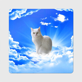 Магнит виниловый Квадрат с принтом Кот в облаках в Петрозаводске, полимерный материал с магнитным слоем | размер 9*9 см, закругленные углы | Тематика изображения на принте: animals | cat | kitty | ангел | белый кот | блики | взгляд кота | глаза кота | животные | киска | кот | котейка | котенок | котик | кошак | кошка | лучи | мордочка | небесный | небо | облака | пейзаж | питомец