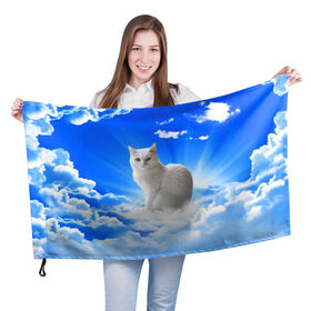 Флаг 3D с принтом Кот в облаках в Петрозаводске, 100% полиэстер | плотность ткани — 95 г/м2, размер — 67 х 109 см. Принт наносится с одной стороны | animals | cat | kitty | ангел | белый кот | блики | взгляд кота | глаза кота | животные | киска | кот | котейка | котенок | котик | кошак | кошка | лучи | мордочка | небесный | небо | облака | пейзаж | питомец